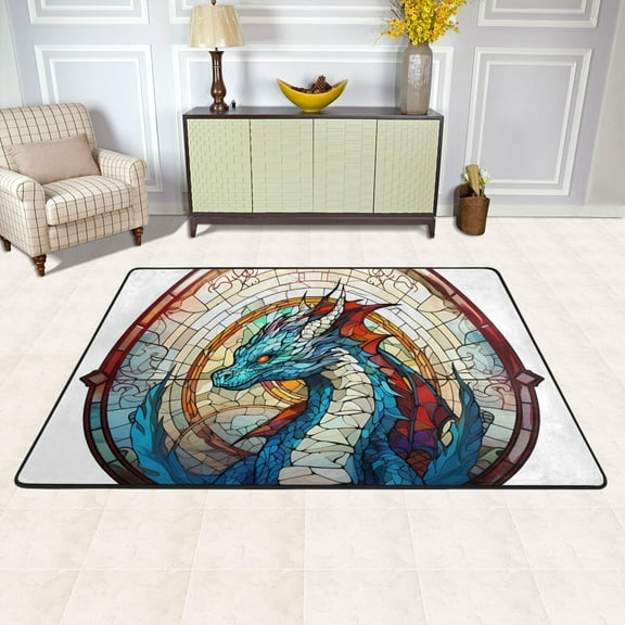 Dragon Church Window Area Rug Washable 72 x 48 Floor Carpet Mat Non Slip for Bedroom Living Room Kids Room Home Decor