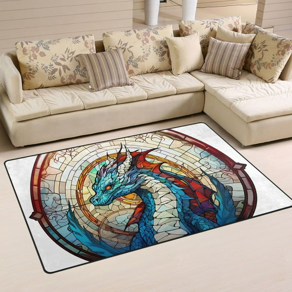 Dragon Church Window Area Rug Washable Floor Carpet Mat 60 x 39 inch for Bedroom Living Room Kids Room Home Decor