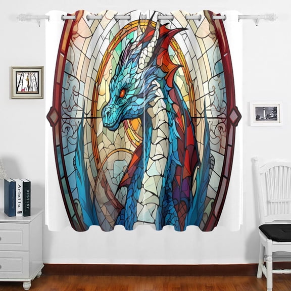 Dragon Church Window Curtains Black Out 63 Inch Length Curtains for Sliding Glass Doors Bedroom Living Room 2 Panels Set