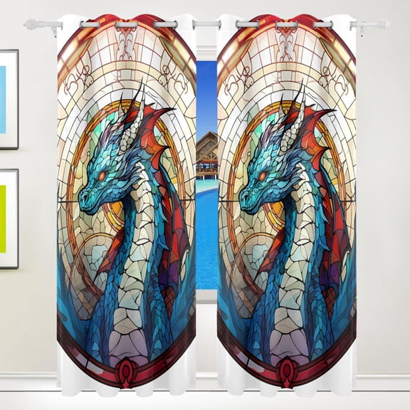 Dragon Church Window Curtains Black Out 72 Inch Length Curtains for Sliding Glass Doors Bedroom Living Room 2 Pack