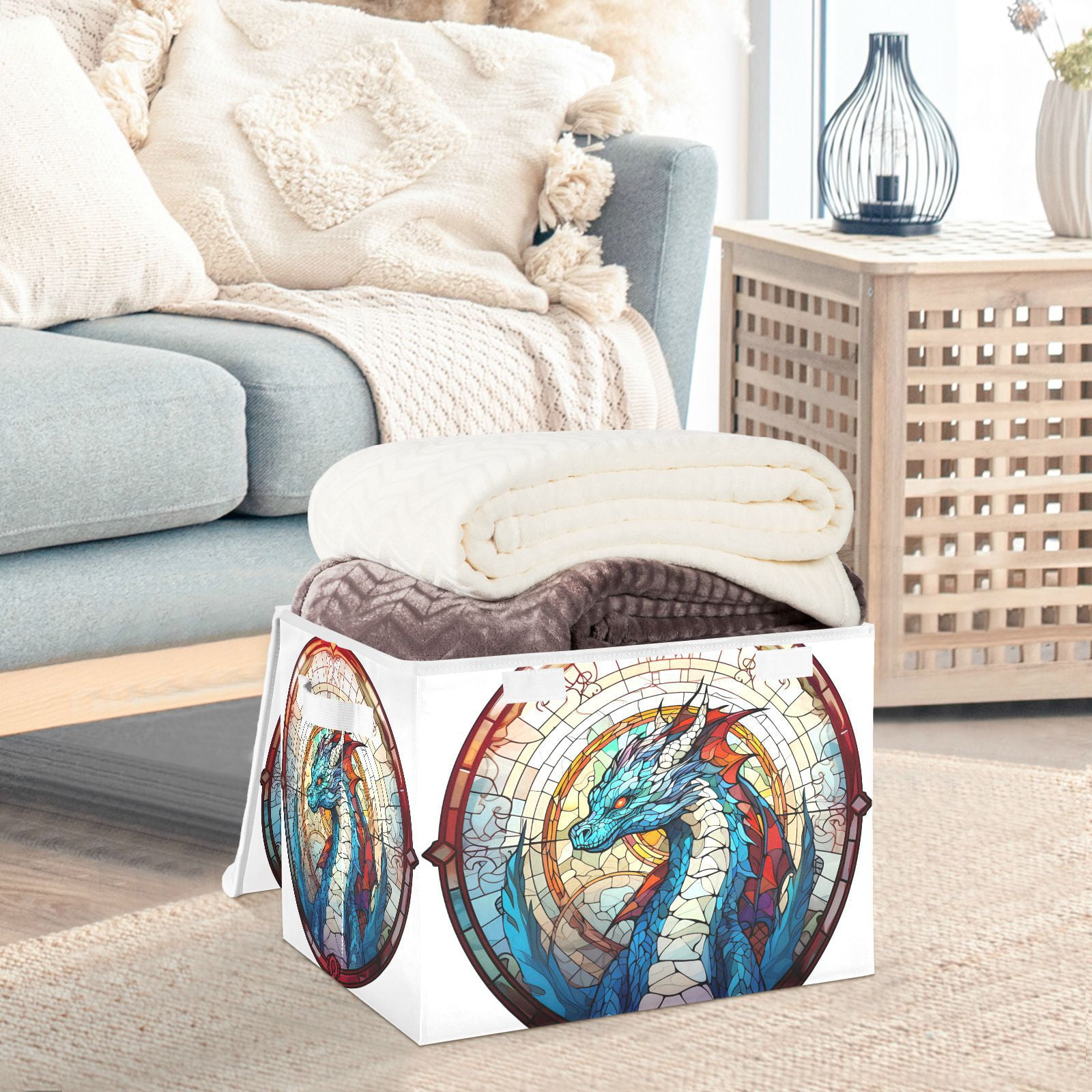 Pfrewn Foldable Storage Basket Bin - 15x11x9.5 Inch, Fabric Laundry & Toy Organizer With Handle, Dragon & Animal Print
