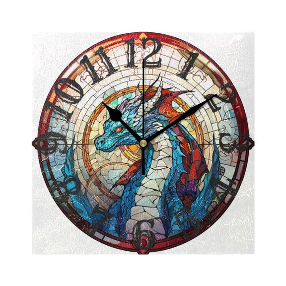 Dragon Church Window Wall Clock Square Silent Non Ticking Battery Operated Clock for Home Bathroom Kitchen Bedroom Living Room