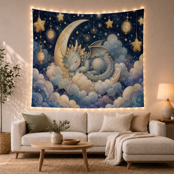 Dragon Closed Eyes With Horns Sleeping Peacefully Textured, Mystical Fantasy for Space Lovers, Galaxy Room Decor, Graduation Gift, Tapestry Wall Hanging for Bedroom and Dorm