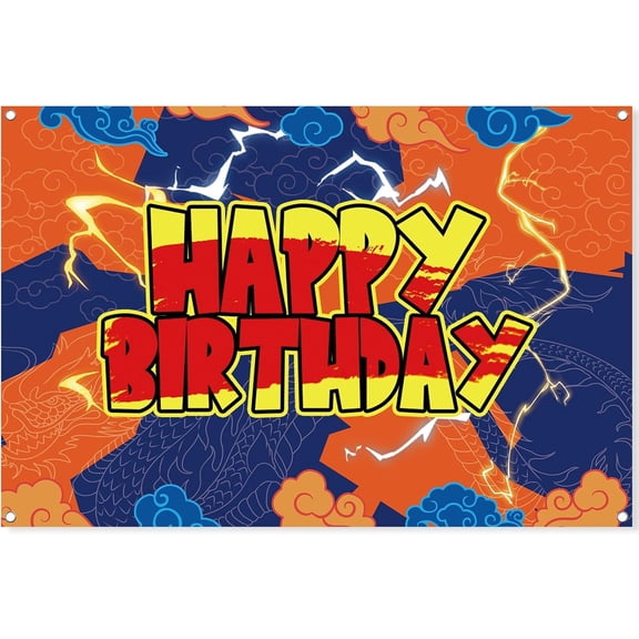 Dragon Cloud Lightning Happy Birthday Backdrop 5x3FT, Anime Style Fire Energy Themed Birthday Banner, Red Yellow Blue Graffiti Photo Booth Background for Boys Kids Birthday Party Supplies