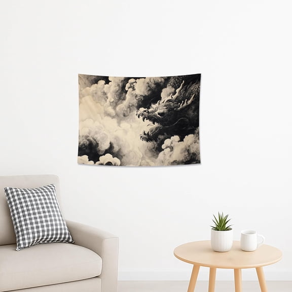 Dragon Clouds Black White Tapestry, Mystical Asian Decorative Wall Hanging, Aesthetic Tapestries for Living Room, Bedroom, Dorm Decor 40x30 Inch