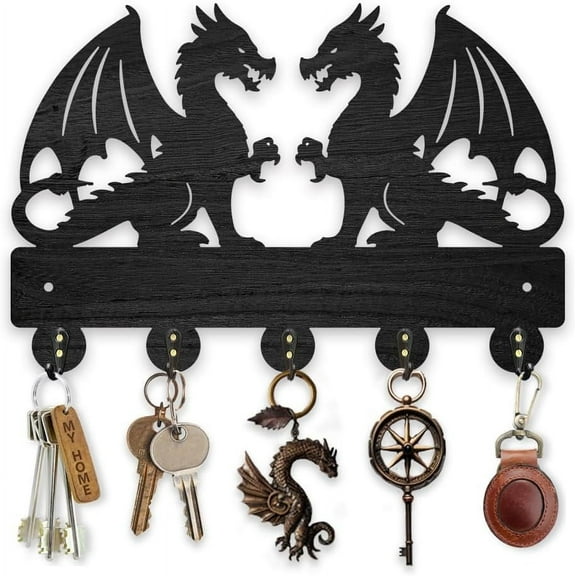 Dragon Coat Rack Wall Mount Wood Key Holder for Wall 11.8×7.9inch Double Dragon Animal Decorative Wall Hooks 5 Alloy Hooks Black Wall Hanger for Gifts Entryway Hallway Room Home Decor