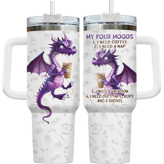 Dragon Coffee Moods Tumbler 20oz Stainless Steel Insulated - Funny Purple Dragons Four Moods Gift for Coffee Lovers, Birthday Gifts for Men, Women & Best Friend
