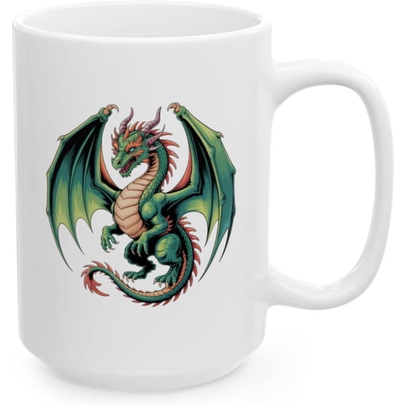 Dragon Coffee Mug with Green Winged Dragon Illustration, White Ceramic 15 oz Mug