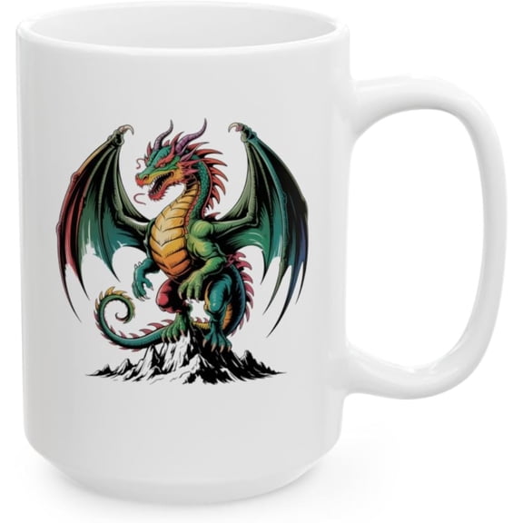Dragon Coffee Mug with Mountain Dragon Illustration, White Ceramic 15 oz Mug