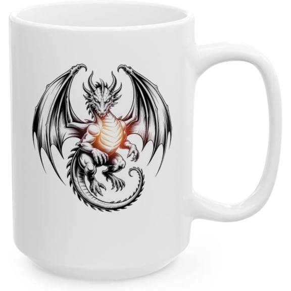 Dragon Coffee Mug with Winged Fantasy Dragon Design, White Ceramic 15 oz Mug