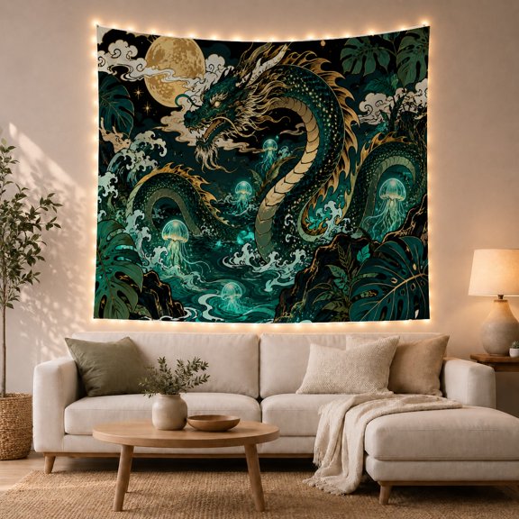 Dragon Coiling Through Waves and Clouds, Mystical Japanese Inspired Style for Dragon Lovers, Dragon Wall Art, Housewarming Gift, Tapestry Wall Hanging for Bedroom and Living Room
