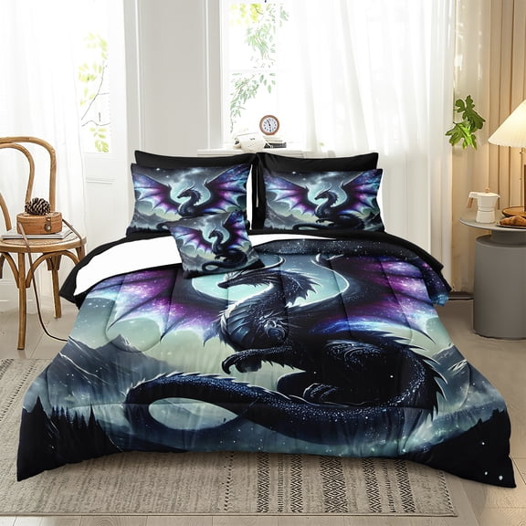 Dragon Comforter Set Galaxy Fantasy Bedding Quilt Set Soft Queen/King Comforter Bed Set with Sheets Boys Teen Mythical Beast Dragon Digital Print 8 Pieces Bed in a Bag Set for All Seasons with 1 Comf