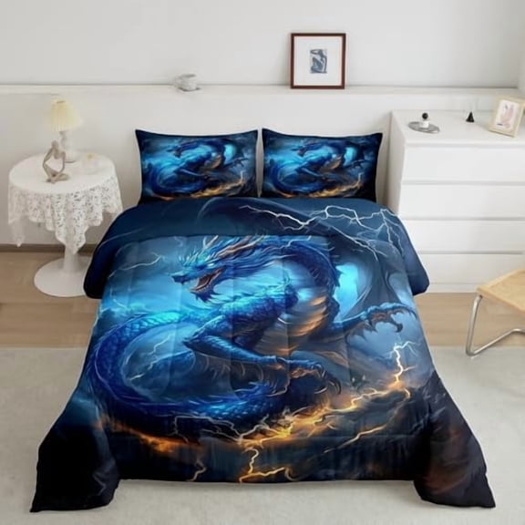 Dragon Comforter Set,Neon Blue Lightning Sky Trippy Bedding Set for Teens Young Room,Western Ancient Animal Chinese Dragon Quilt Set 3 Pcs with 2 Pillowcases,Full