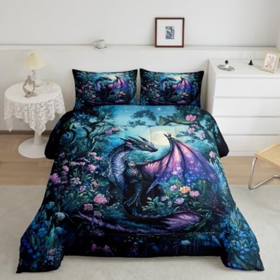 Dragon Comforter Set Twin Size Comforter for Boys Girls Teens Wild Life Bedding Set Jungle Dragon Duvet Set Room Decor Balck Blue Quilt Set