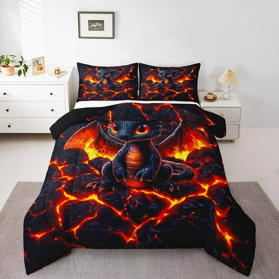 Dragon Comforter Set Twin Size,Volcano Eruption 3D Red Lava Flame Print Bedding Set 2 Pcs ,Cute Black Dragon Mystic Animal Natural Disaster Down Comforter,1 Pillowcase