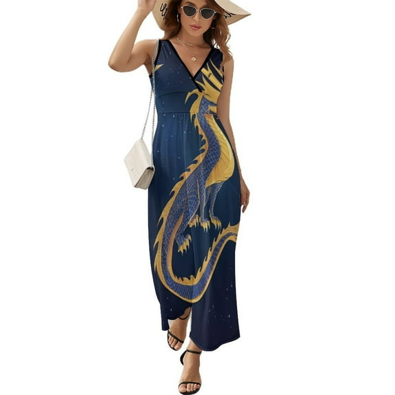 Dragon Constellation Art Dress Summer Street Style Bohemia Long Dresses Female Sleeveless Printed Maxi Dress