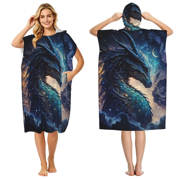 Dragon Cool Starry Sky Moon Adult Hooded Beach Towel Changing Robe, Surf Poncho Towel for Surfing, Swimming, Camping
