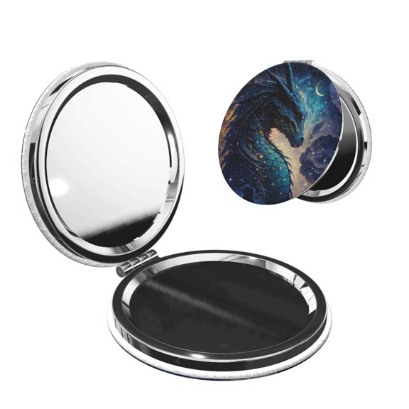 Dragon Cool Starry Sky Moon Portable Double-Sided Face Mirror Round Shape, Magnifying Compact Pocket Mirror with PU Leather Cover