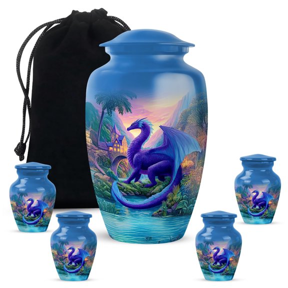 Dragon Cremation Urns for Adult Ashes, Blue Burial Urn & Mini Set for Men & Women, 10 Inch & 3 Inch Memorial Combo, Decorative Urns for Human Remains, Funeral Ash Holders, Keepsake Gift