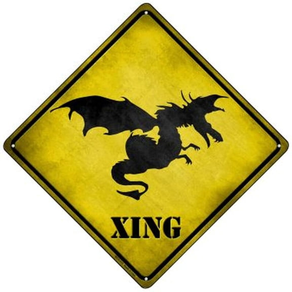 Dragon Crossing Metal Sign yellow caution xing road fantasy flying Size: 12 inch x 12 inch