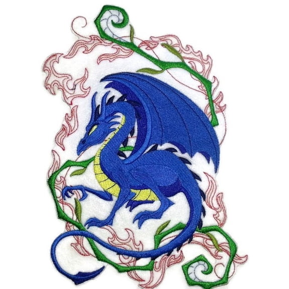 Dragon Crouching in Fantasy Fire Embroidery Iron On/Sew Patch [5.81" x 8.44"]
