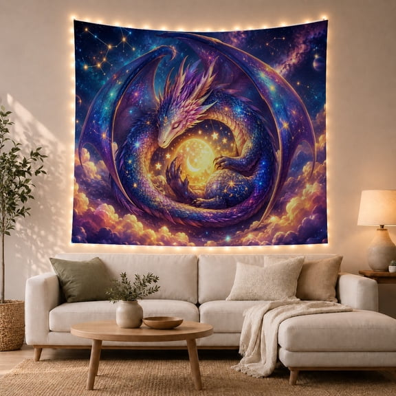 Dragon Curled Around a Golden Moon, Mystical Fantasy for Dragon Lovers, Mythical Creature Wall Art, Halloween Gift, Tapestry Wall Hanging for Bedroom, Gaming Room and Dorm