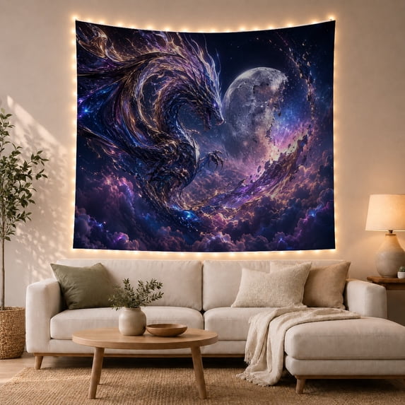 Dragon Curling Beside Full Moon with Stars and Purple Clouds, Mystical Fantasy for Fantasy Art Lovers, Dramatic Cosmic Decor, Birthday Gift, Tapestry Wall Hanging for Bedroom and Living Room