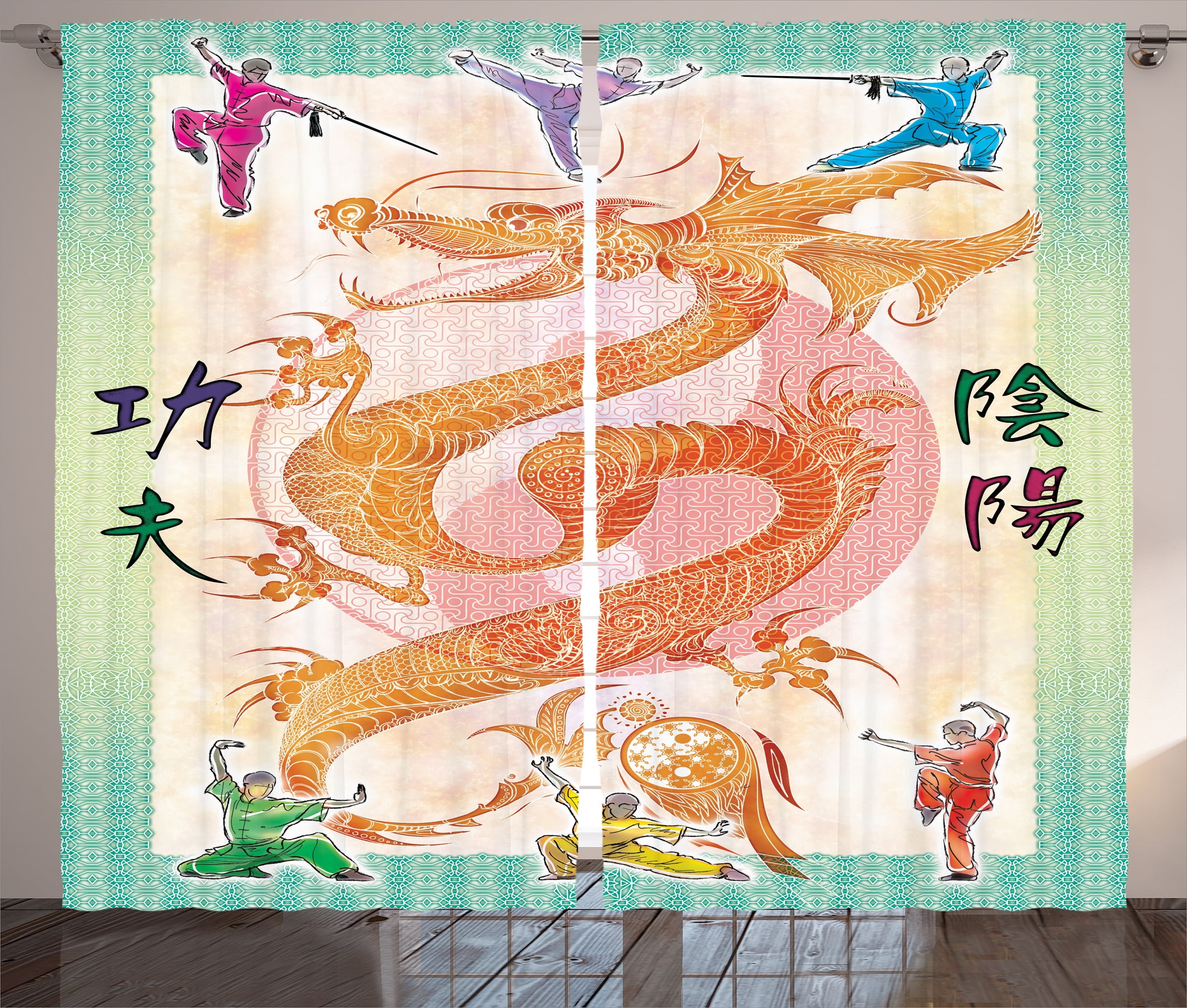 Dragon Curtains 2 Panels Set, Asian Chinese Dragon with Martial Arts ...