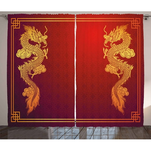 Ambesonne Dragon Curtains 2 Panel Set, Historic Creature, 108" x 63", Orange Yellow