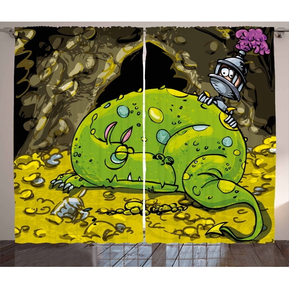 Ambesonne Dragon Curtains 2 Panel Set, Creature Sleeping, 108" x 108", Multicolor