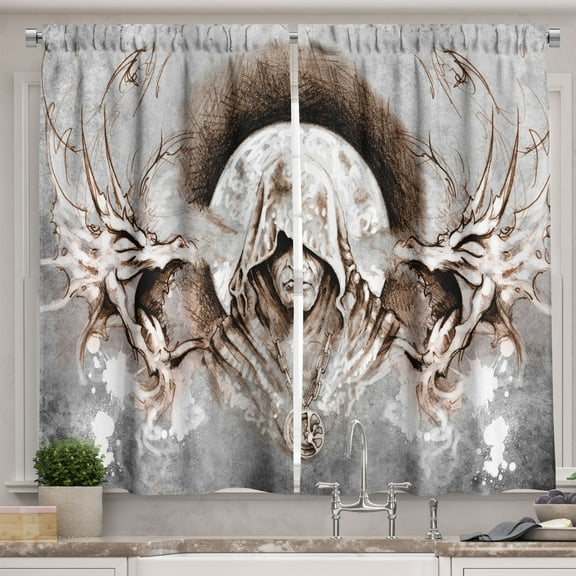 Dragon Curtains 2 Panels Set, Monk Witch on Tree Branches Background Gothic Medieval Magic Artistic Graphic, Window Drapes for Living Room Bedroom, 55W X 39L Inches, Grey Umber Brown, by Ambesonne