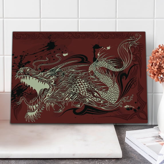 Dragon Cutting Board, Angry Dragon Doodle on Grunge Background Japanese Eastern Ethereal Pattern Print, Decorative Tempered Glass Cutting and Serving Board, Large Size, Ivory and Ruby, by Ambesonne