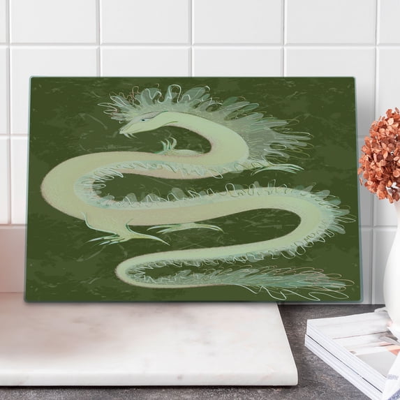Dragon Cutting Board, Chinese Reptile Dragon Eastern Culture Medieval Themed Grunge Style Pattern, Decorative Tempered Glass Cutting and Serving Board, Large Size, Yellow and Green, by Ambesonne