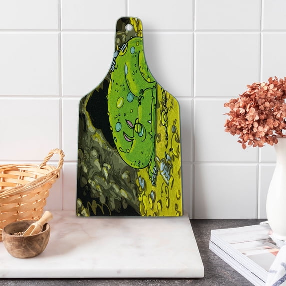 Dragon Cutting Board, Creature Sleeping on a Pile of Gold and Scared Knight Peering over Cartoon, Decorative Tempered Glass Cutting and Serving Board, Wine Bottle Shape, Multicolor, by Ambesonne