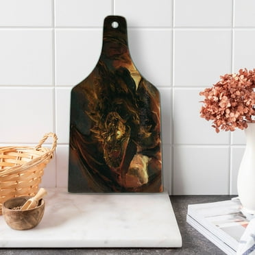 Dragon Cutting Board, Demonic Angry Molten Dragon with Horns Imaginary Inferno Beast Warm Colored, Tempered Glass Cutting and Serving Board, Wine Bottle Shape, Yellow and Brown, by Ambesonne