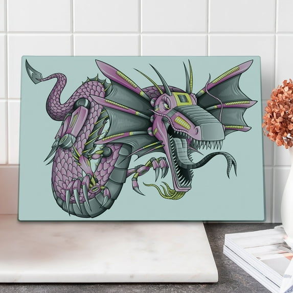 Dragon Cutting Board, Digital Robotic Cyborg Dragon Character Modern Game Knight Graphic, Decorative Tempered Glass Cutting and Serving Board, Large Size, Yellow Fuchsia Grey, by Ambesonne
