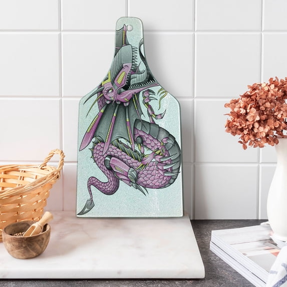 Dragon Cutting Board, Digital Robotic Cyborg Dragon Character Modern Game Knight Graphic, Decorative Tempered Glass Cutting and Serving Board, Wine Bottle Shape, Yellow Fuchsia Grey, by Ambesonne
