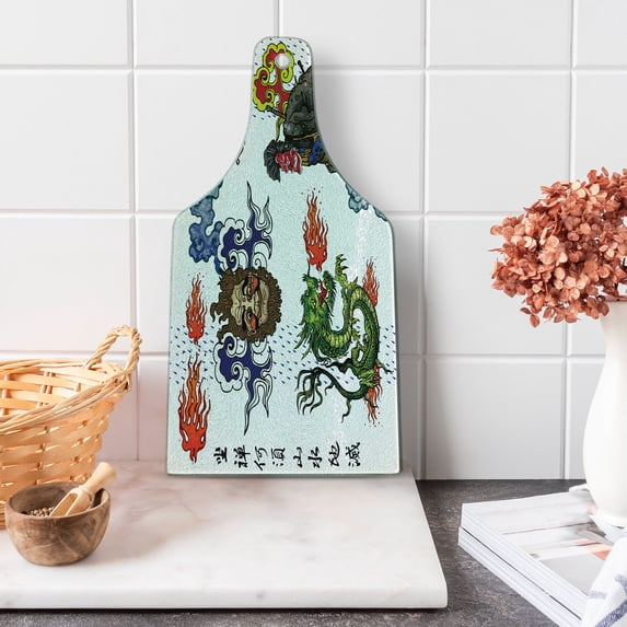 Dragon Cutting Board, Japanese Manga Dragon with a Man with Kimono Geisha Tribal Characters, Decorative Tempered Glass Cutting and Serving Board, Wine Bottle Shape, Green Blue, by Ambesonne