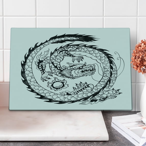 Dragon Cutting Board, Japanese Swirled Dragon Pattern Folk Heritage Illustration, Decorative Tempered Glass Cutting and Serving Board, Large Size, White and Black, by Ambesonne