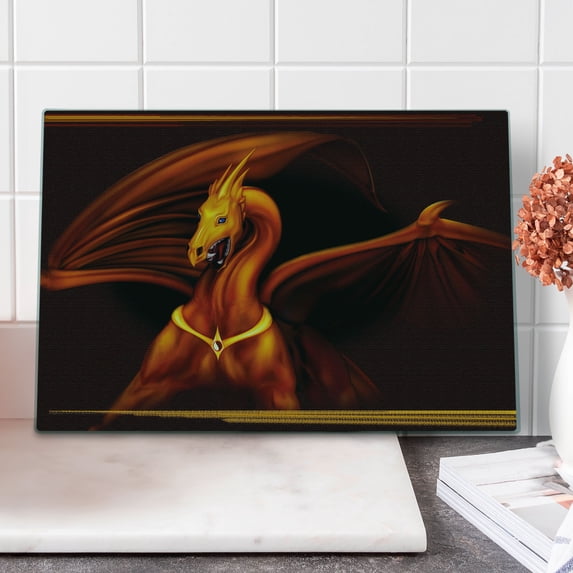 Dragon Cutting Board, Legandary Tricorn Dragon on Dark Background Wild Animal Picture, Decorative Tempered Glass Cutting and Serving Board, Large Size, Burgundy Dark Orange, by Ambesonne