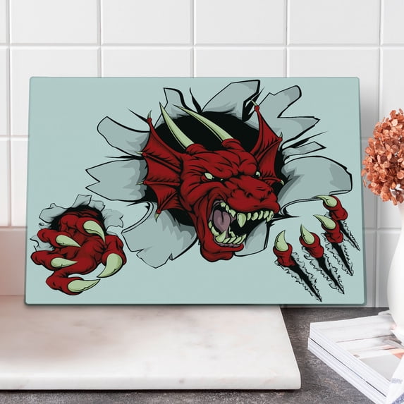 Dragon Cutting Board, Retro Pop Art Comic Strips Wild Creature Danger Caricature Image, Decorative Tempered Glass Cutting and Serving Board, Large Size, Ruby Pale Grey Cream, by Ambesonne