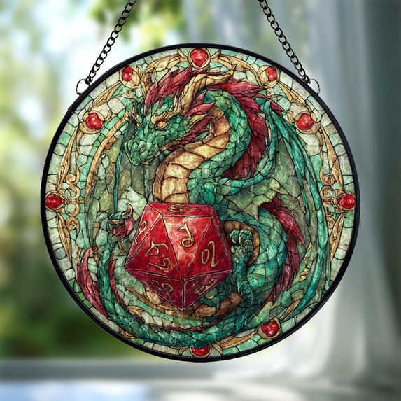 Dragon D20 Glass Suncatcher, Fantasy Dragon Window Hanging, Dungeons ...