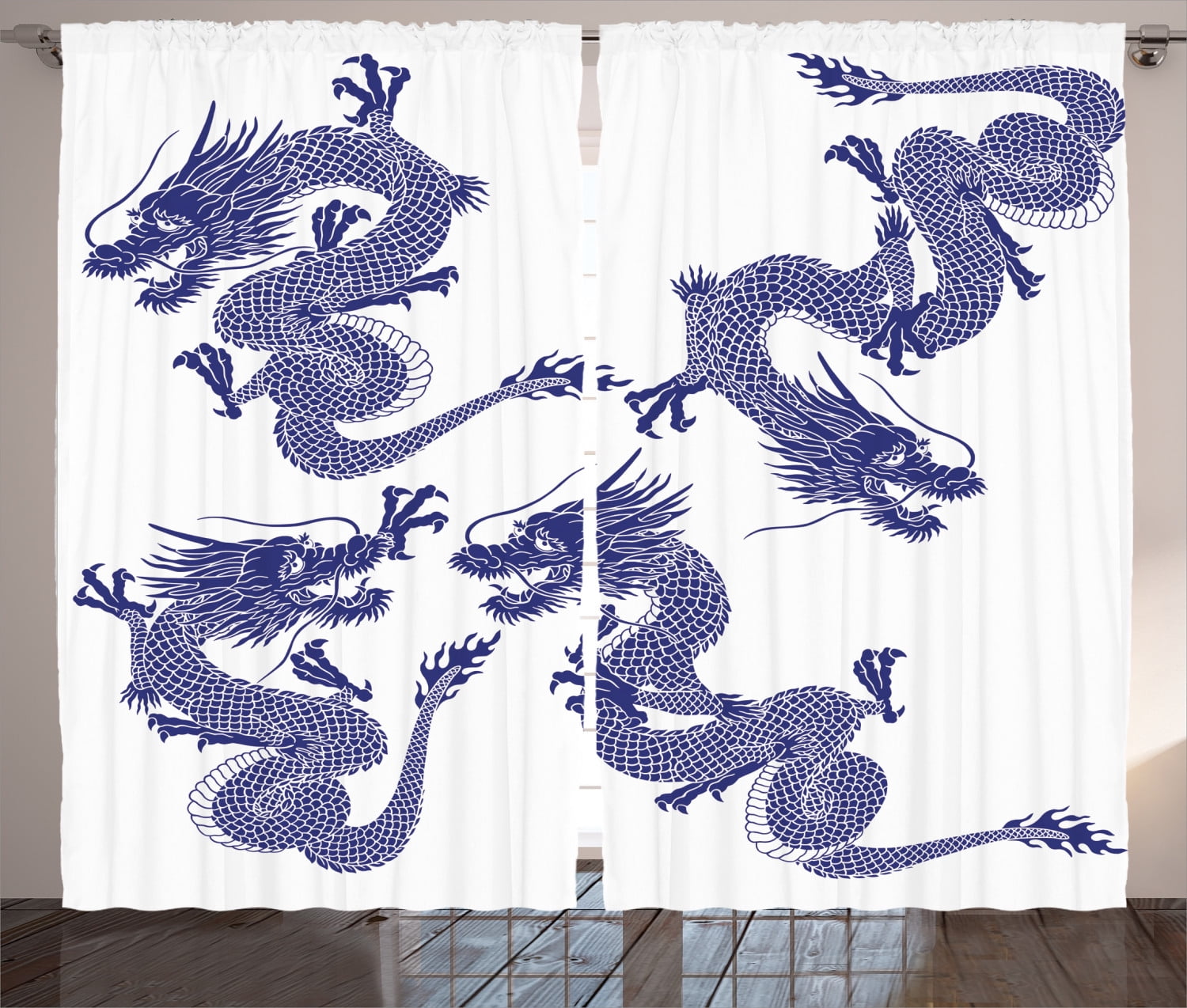 Ambesonne Blue Curtains 2 Panel Set, Japanese Dragons Mythical, 108" x ...