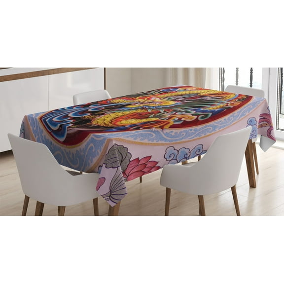 Dragon Decor Tablecloth, Chinese Dragon with Horns Mane and Claws Flower Ornament Mythical Creature, Rectangular Table Cover for Dining Room Kitchen, 60 X 84 Inches, Yellow Blue, by Ambesonne