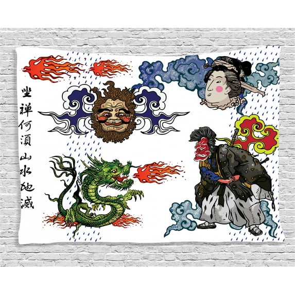 Dragon Decor Tapestry, Japanese Manga Figures Dragon with Fire a Man with Kimono Geisha Tribal Theme, Wall Hanging for Bedroom Living Room Dorm Decor, 60W X 40L Inches, Green Blue, by Ambesonne