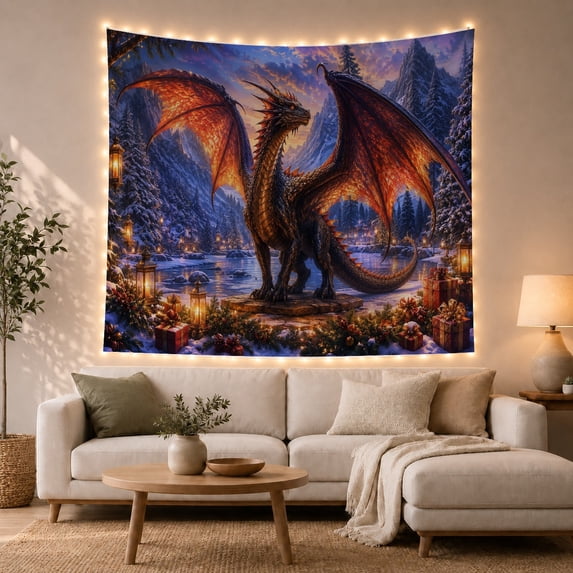 Dragon Detailed Armored with Scales Subtle Reddish Highlights, Mystical Fantasy for Space Lovers, Galaxy Room Decor, Christmas Gift, Tapestry Wall Hanging for Bedroom and Dorm