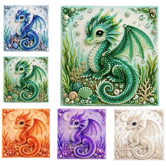 Dragon Diamond Art Painting Kit, Cute Baby Dragon Imitation Pearl Diamond Painting Canvas Kit, Fantasy Dragon Embossed Pearl Mixed Rhinestone DIY Wall Art for Gift and Room Decor (Green Dragon)