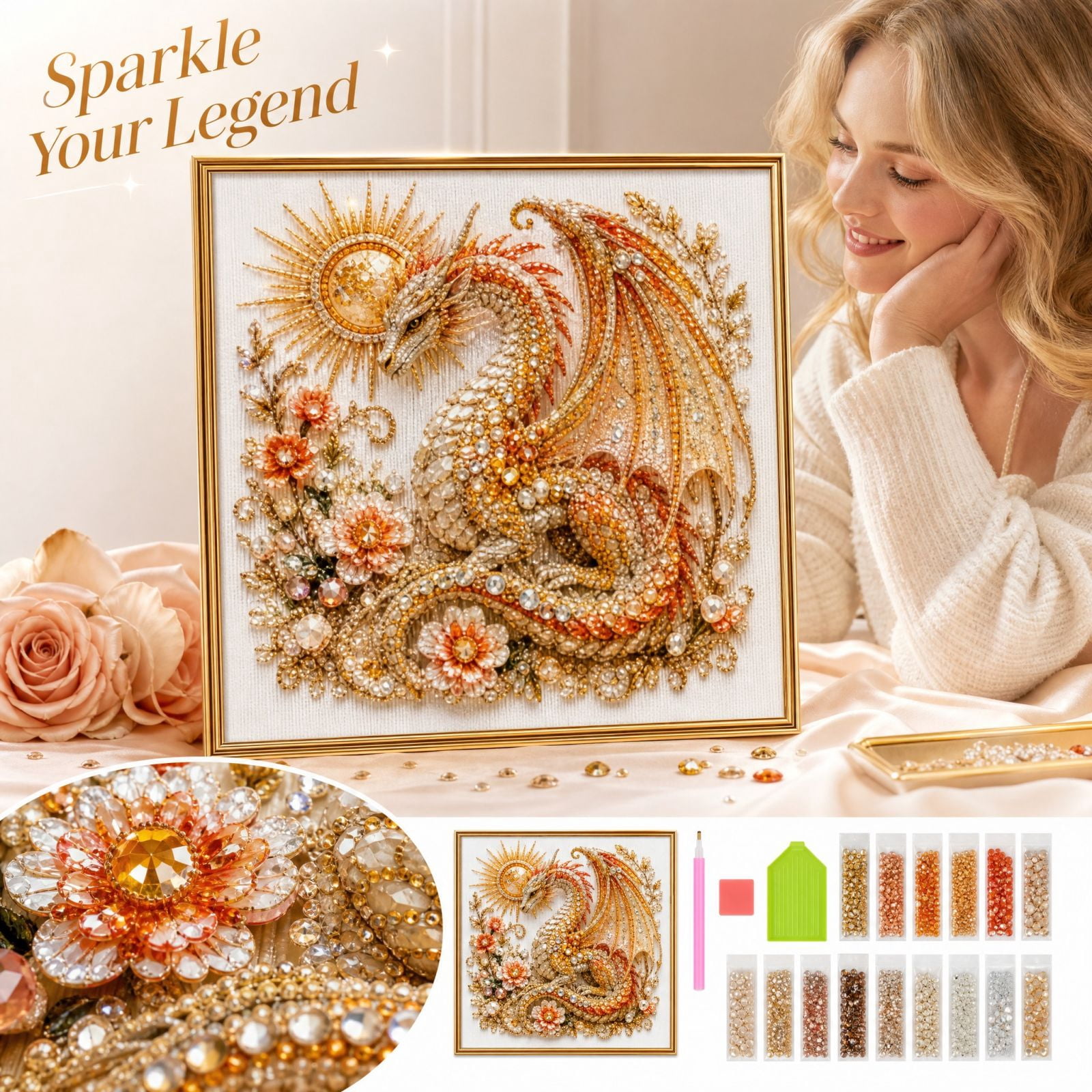 Dragon Diamond Painting Kit with special shape gem pearl rhinestones ...