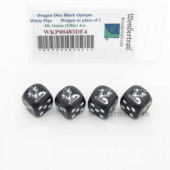 Dragon Dice Black Opaque with White Pips D6 16mm (5/8in) Set of 4 Wondertrail
