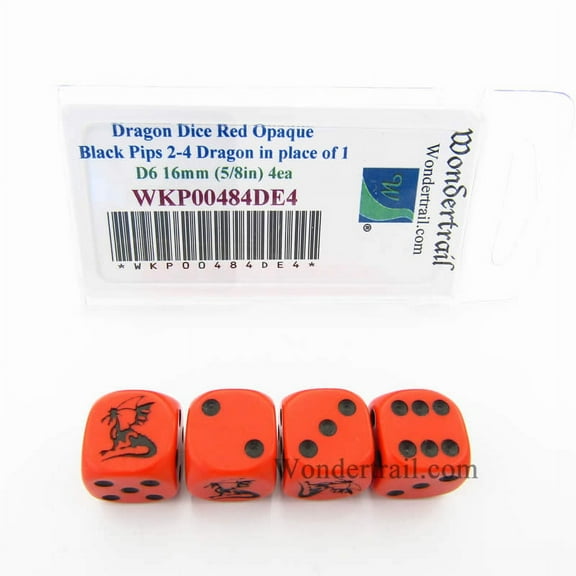 Dragon Dice Red Opaque with Black Pips D6 16mm (5/8in) Set of 4 Wondertrail